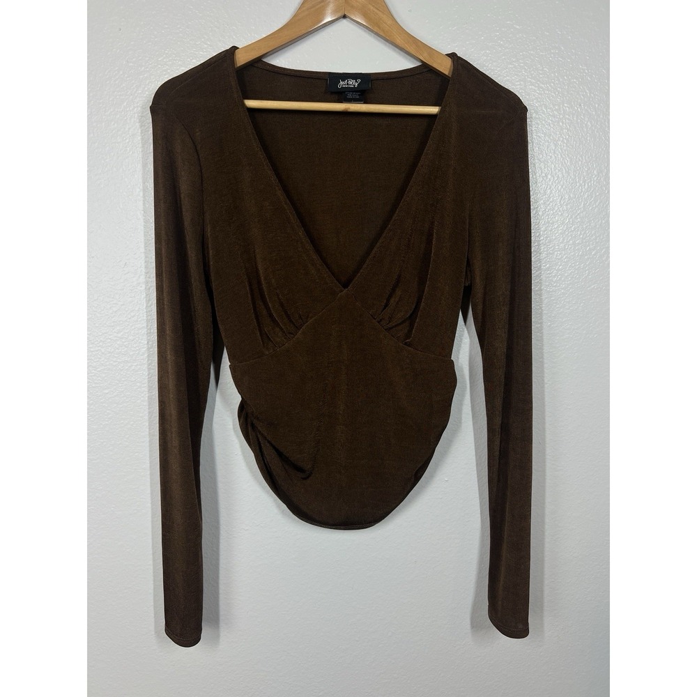 Just Polly New York Crop Top Women's L Brown Y2K Slinky Babydoll V-Neck